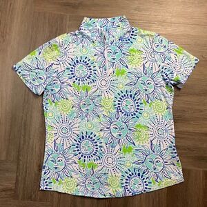 IBKUL Sun Face Print UPF 50+ Quarter Zip Golf Polo Shirt Womens Large Blue Green